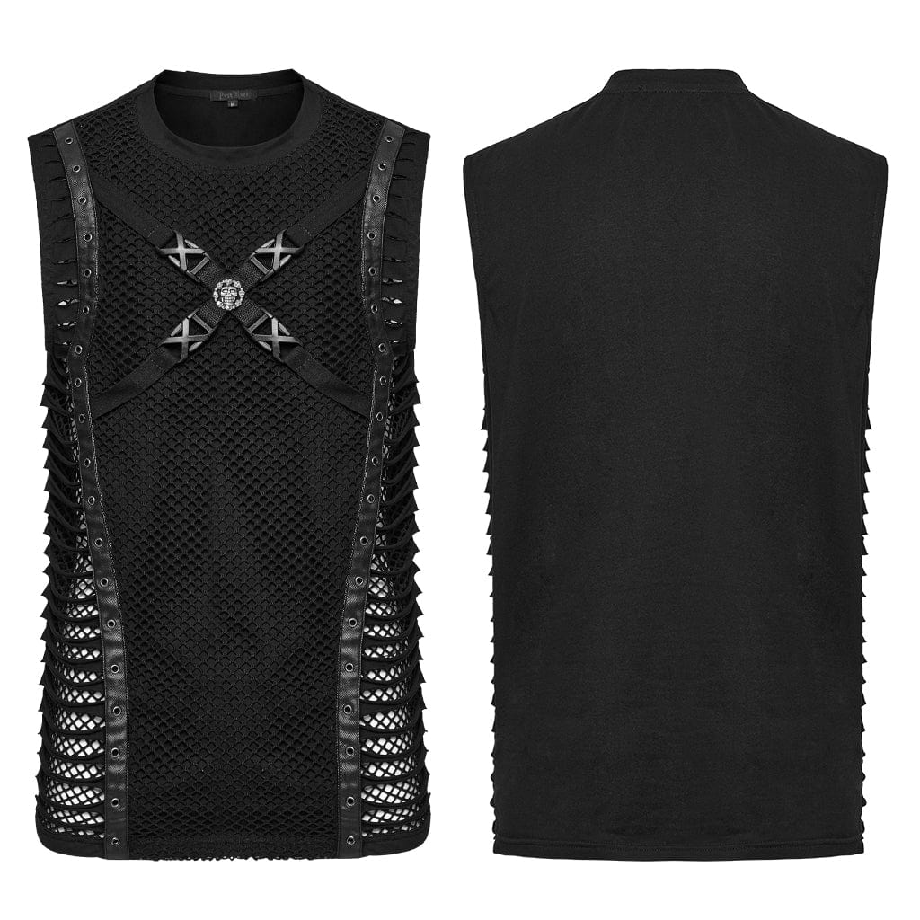 PUNK RAVE Men's Punk Buckle Strap Splice Mesh Vest