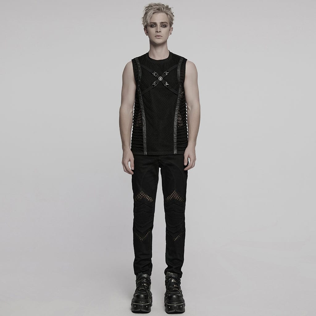 PUNK RAVE Men's Punk Buckle Strap Splice Mesh Vest