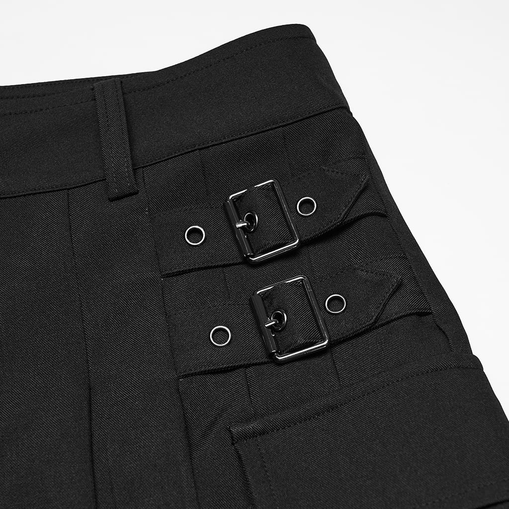 PUNK RAVE Men's Punk Buckle Straps Big Pockets Pleated Pants Black