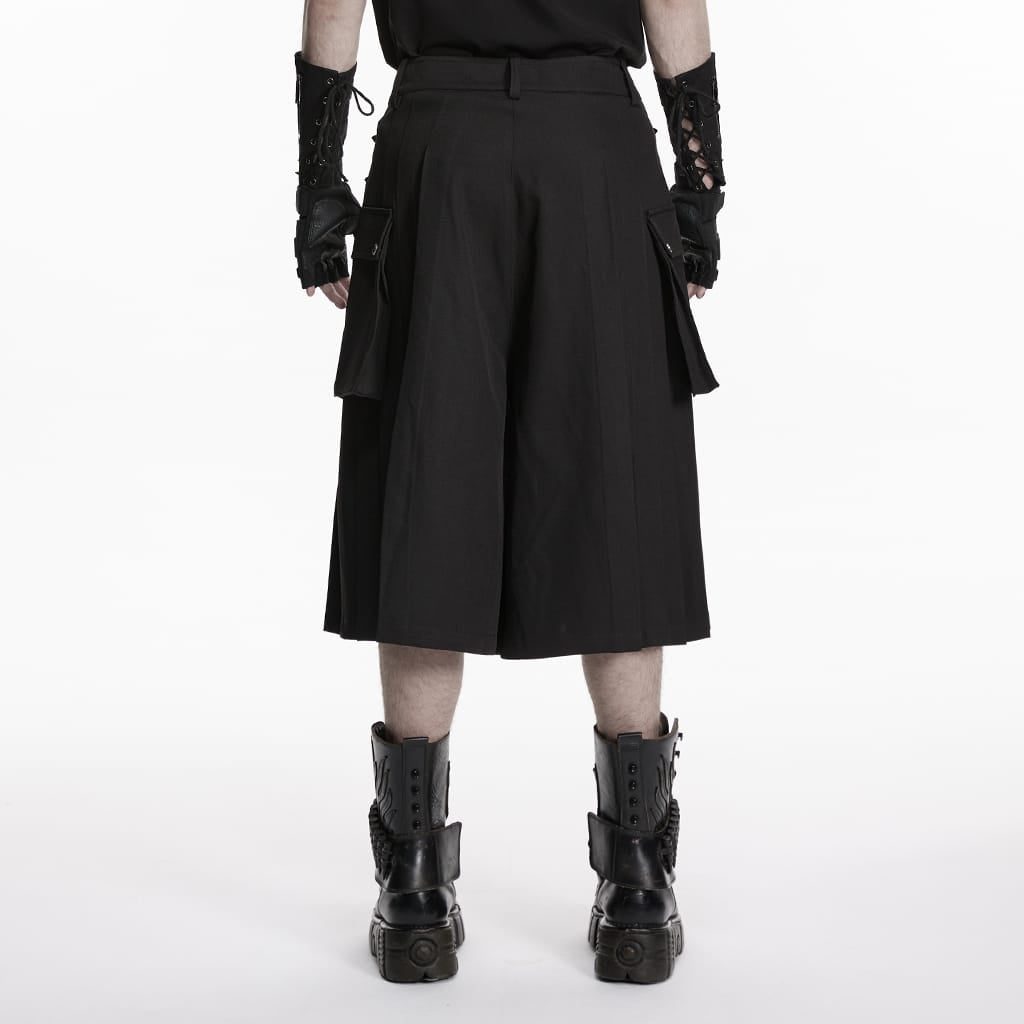 PUNK RAVE Men's Punk Buckle Straps Big Pockets Pleated Pants Black