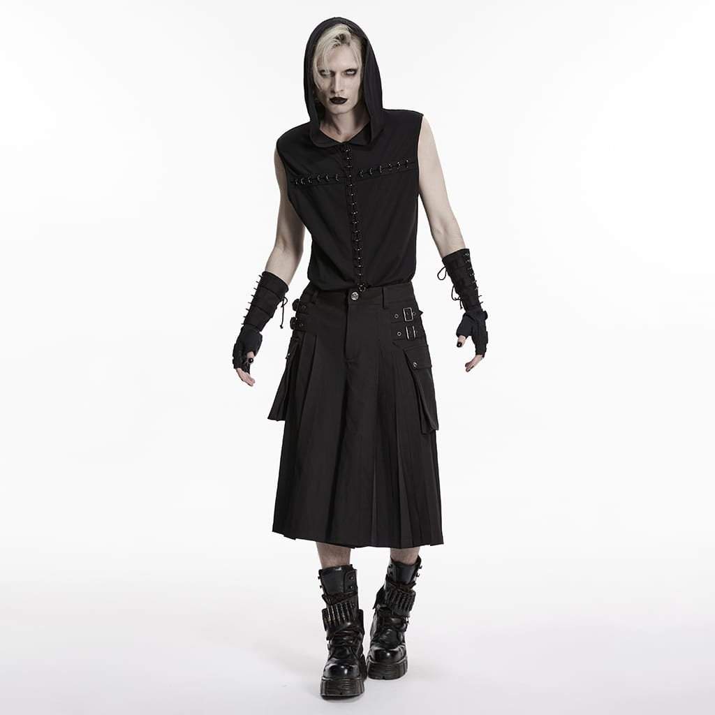 PUNK RAVE Men's Punk Buckle Straps Big Pockets Pleated Pants Black
