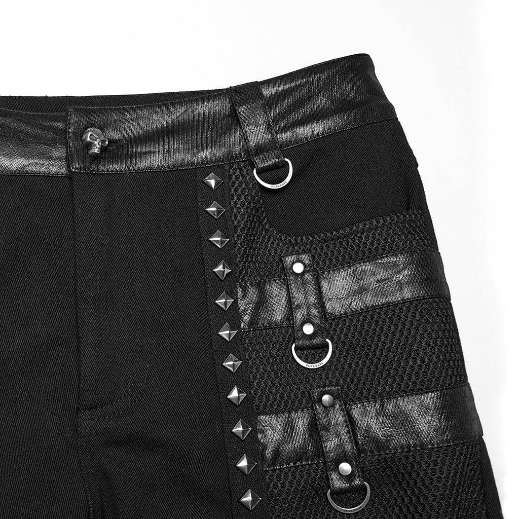 PUNK RAVE Men's Punk Buckle Straps Studded Mesh Splice Pants