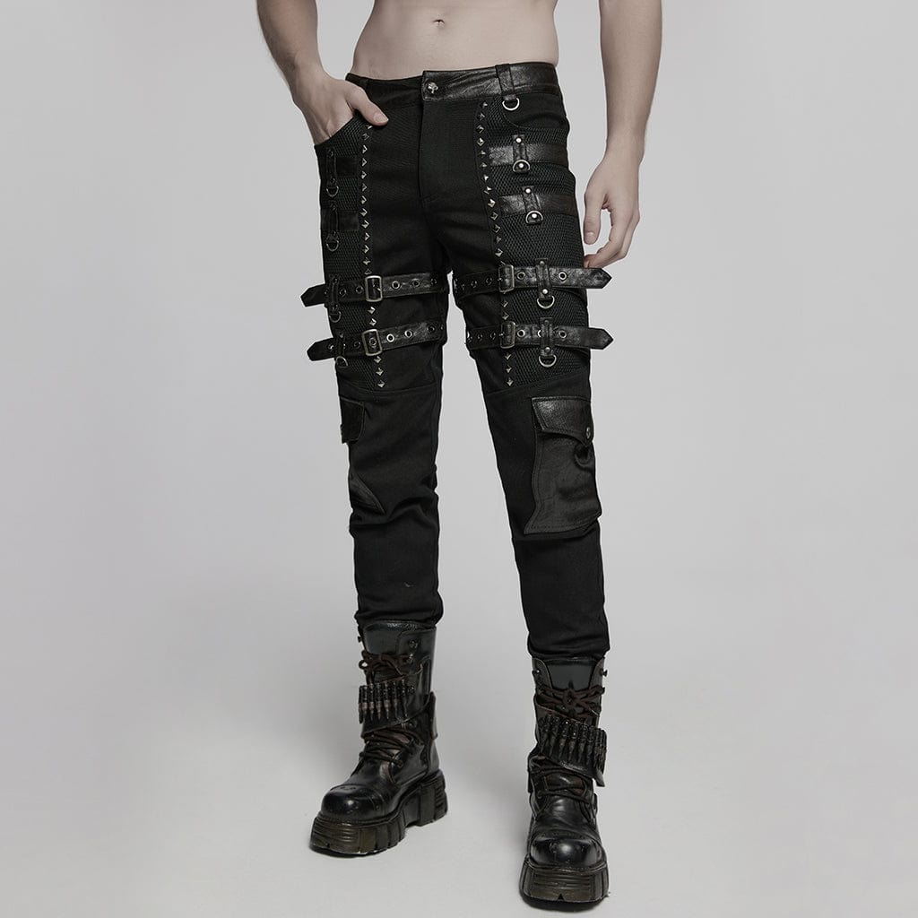 PUNK RAVE Men's Punk Buckle Straps Studded Mesh Splice Pants