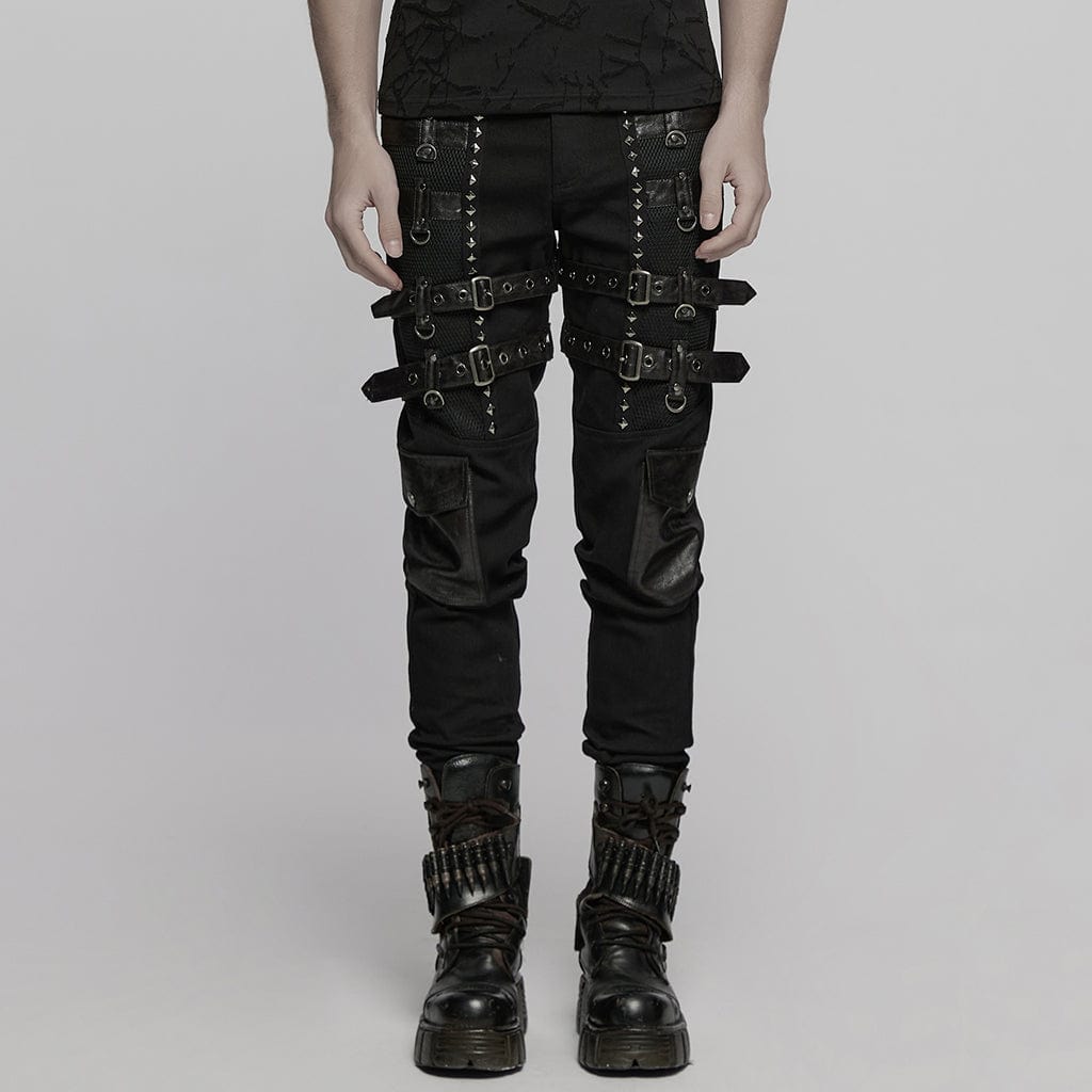 PUNK RAVE Men's Punk Buckle Straps Studded Mesh Splice Pants