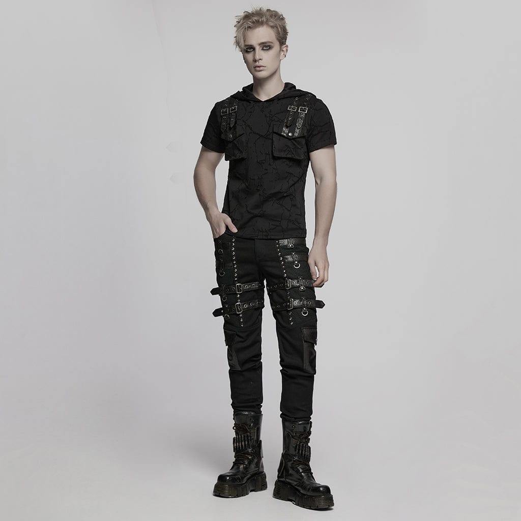 PUNK RAVE Men's Punk Buckle Straps Studded Mesh Splice Pants