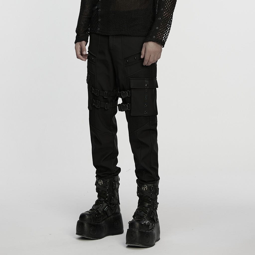 PUNK RAVE Men's Punk Buckle-up Strap Big Pockets Pants