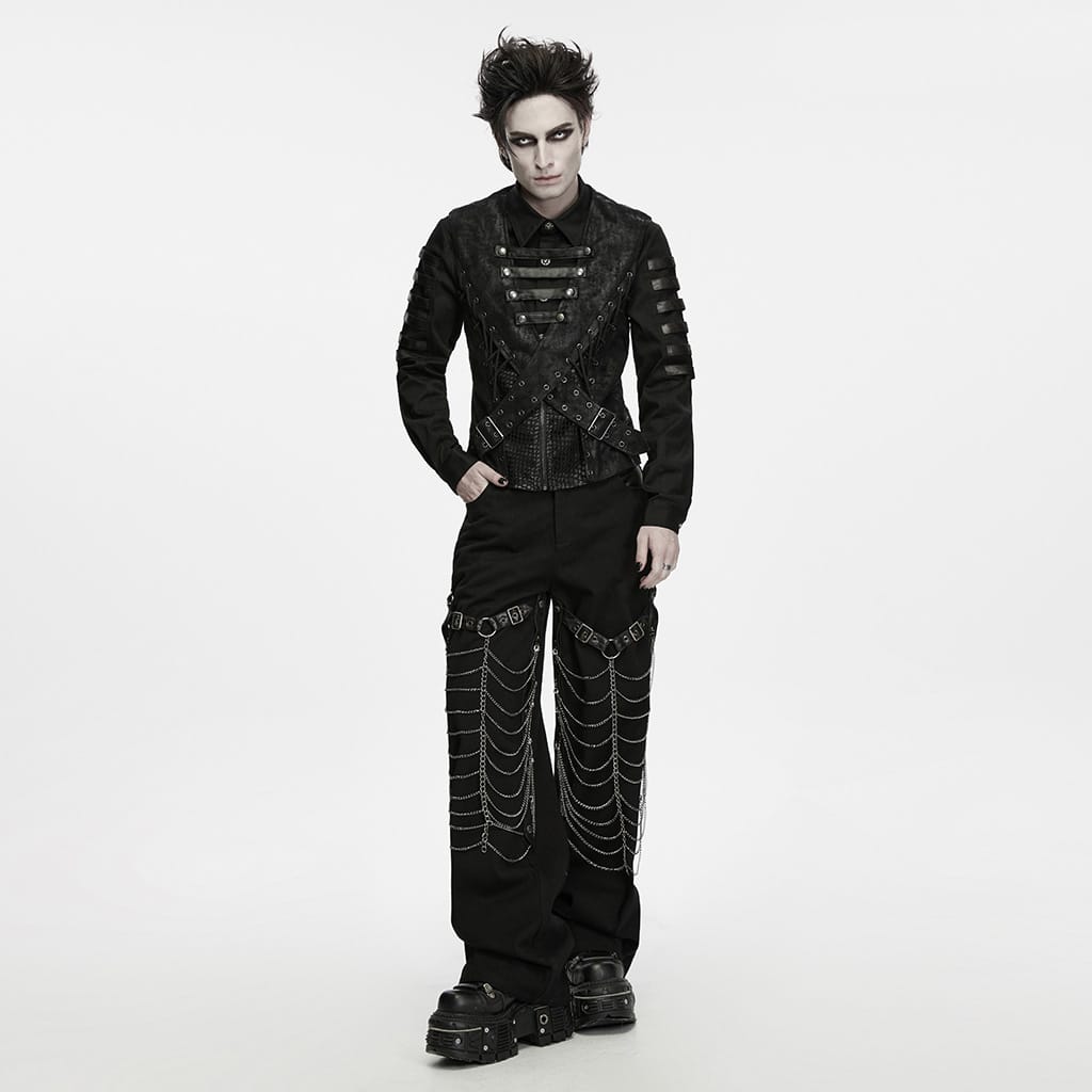 PUNK RAVE Men's Punk Cross-Structure Eyelet Buckle Strap Lace-up Vest