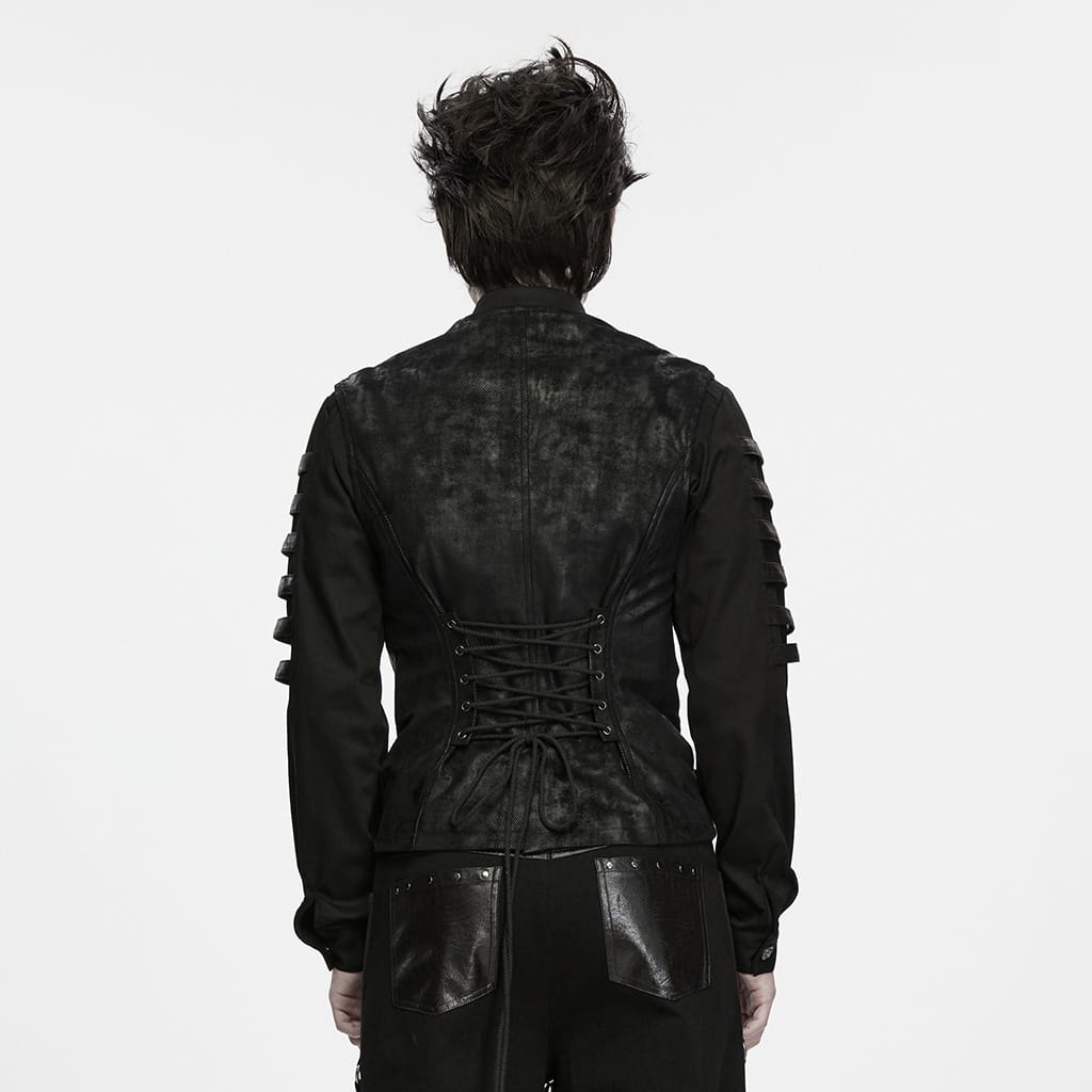 PUNK RAVE Men's Punk Cross-Structure Eyelet Buckle Strap Lace-up Vest