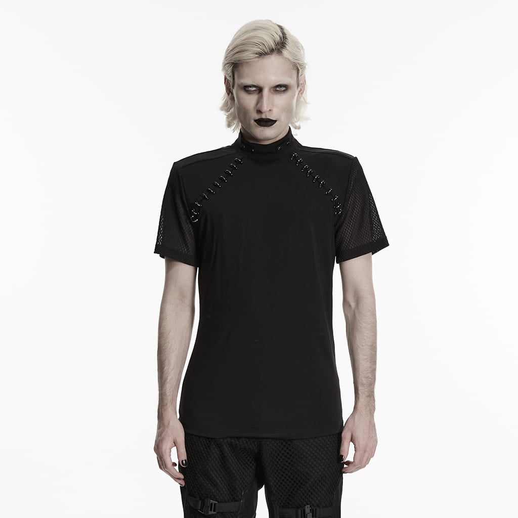 PUNK RAVE Men's Punk D-rings Mesh Splice Short Sleeved Top