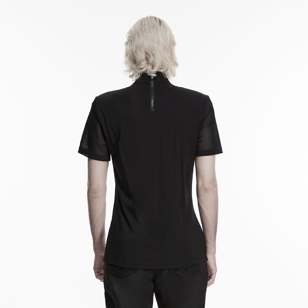 PUNK RAVE Men's Punk D-rings Mesh Splice Short Sleeved Top