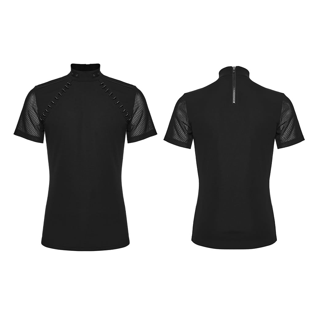 PUNK RAVE Men's Punk D-rings Mesh Splice Short Sleeved Top