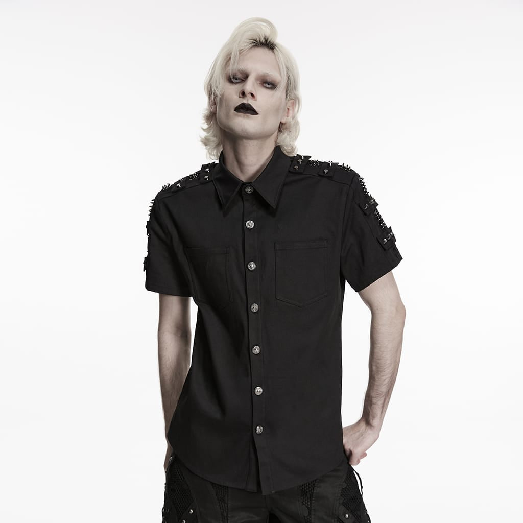 PUNK RAVE Men's Punk D-rings Rivets Short Sleeved Shirt