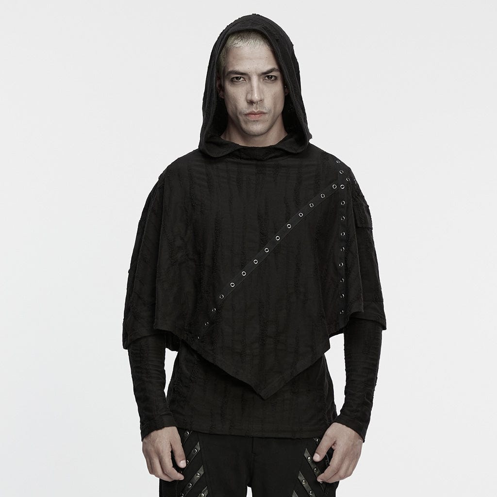 PUNK RAVE Men's Punk Eyelet Ripped Hoodie