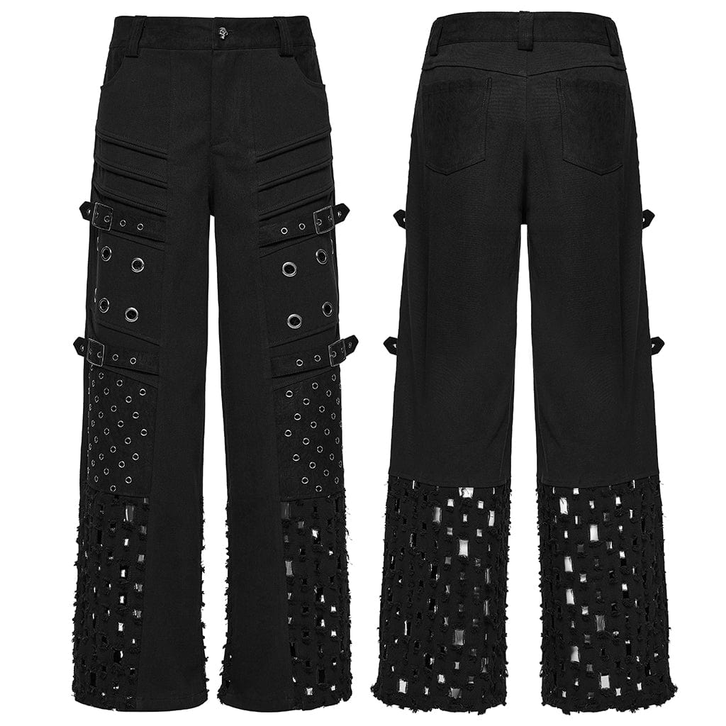 PUNK RAVE Men's Punk Eyelet Ripped Straight Pants