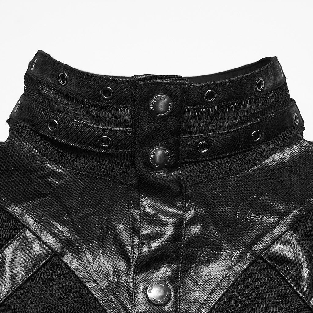 PUNK RAVE Men's Punk Eyelet Rivet Buckle-up Strap Stand Collar Shirt