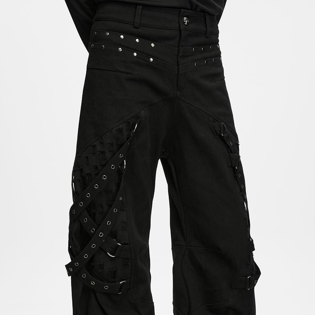 PUNK RAVE Men's Punk Eyelet Strap Studded Ruched Loose Pants
