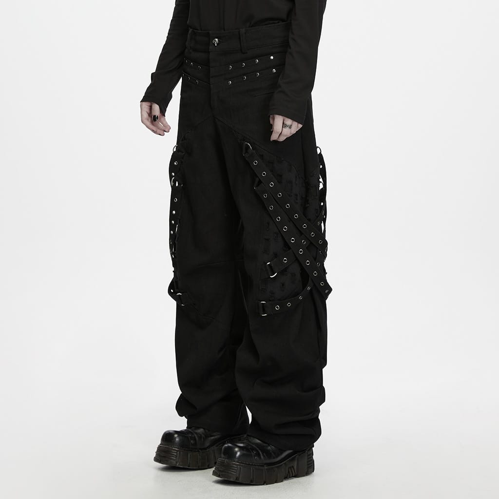 PUNK RAVE Men's Punk Eyelet Strap Studded Ruched Loose Pants