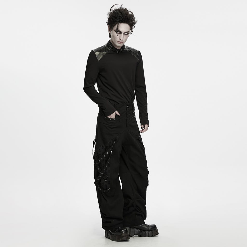 PUNK RAVE Men's Punk Eyelet Strap Studded Ruched Loose Pants