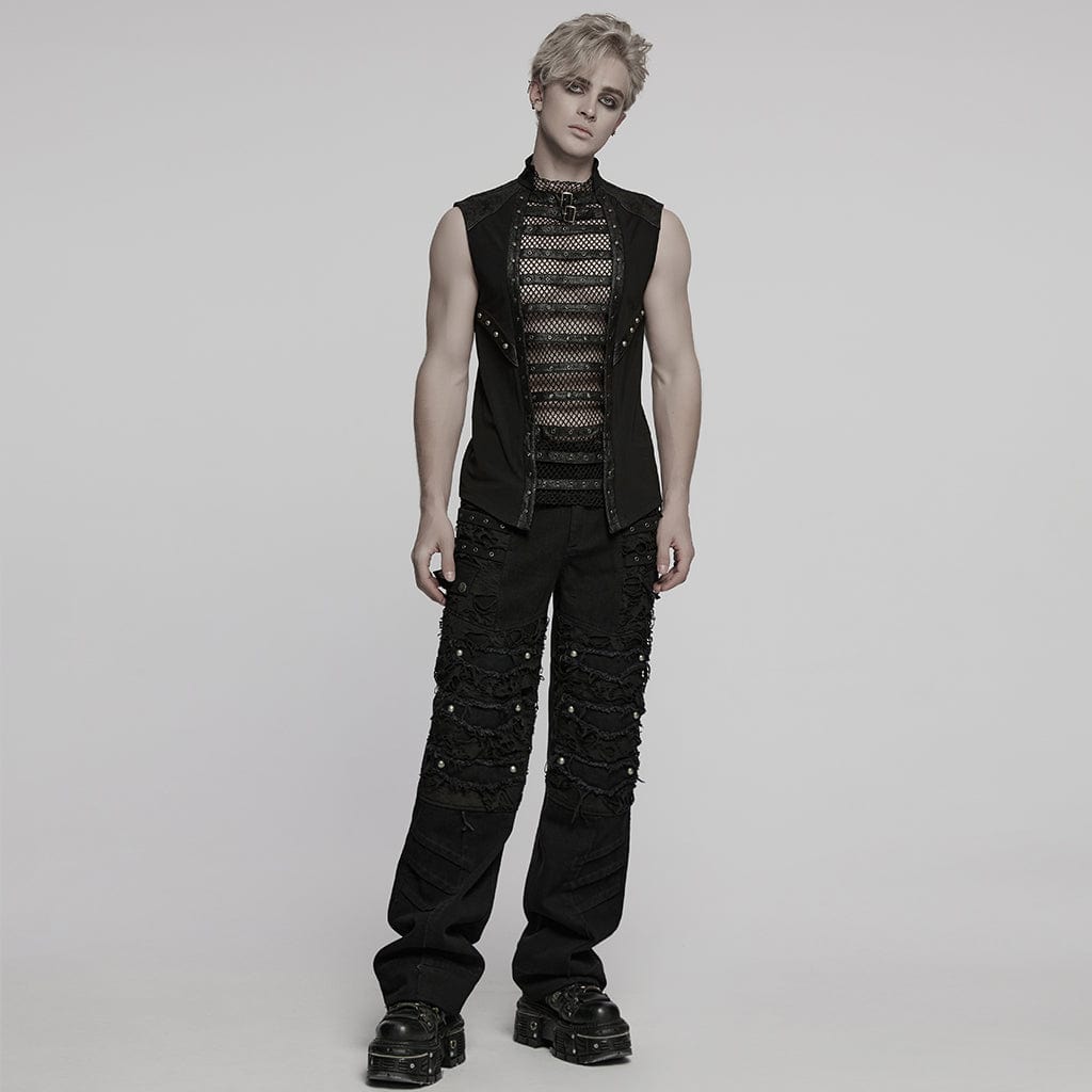 PUNK RAVE Men's Punk Eyelet Straps Mesh Splice Vest