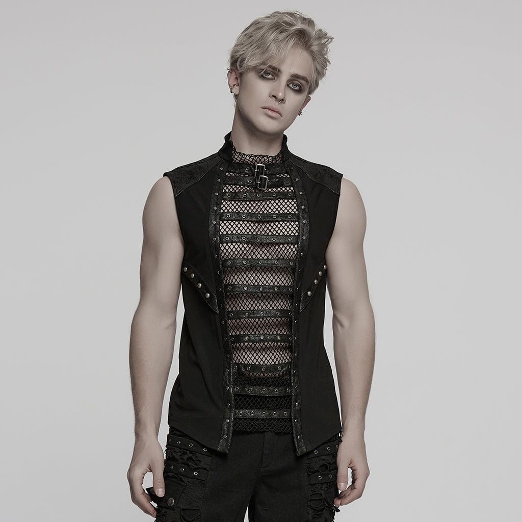 PUNK RAVE Men's Punk Eyelet Straps Mesh Splice Vest