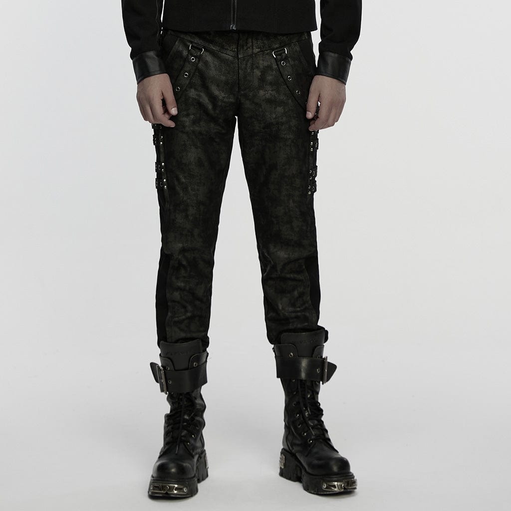 PUNK RAVE Men's Punk Eyelet Straps Mottled Printed Pants