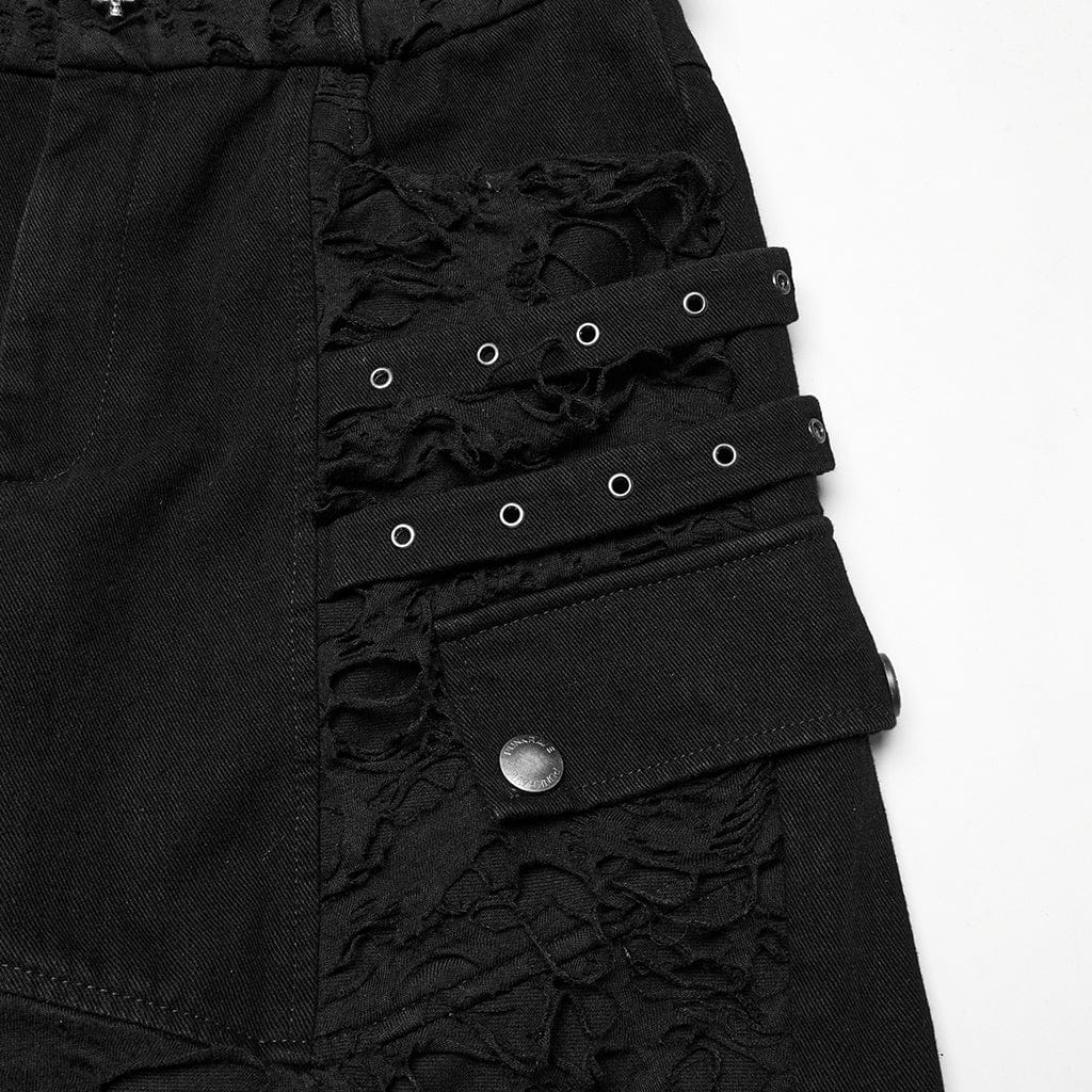 PUNK RAVE Men's Punk Eyelet Straps Ripped Shorts