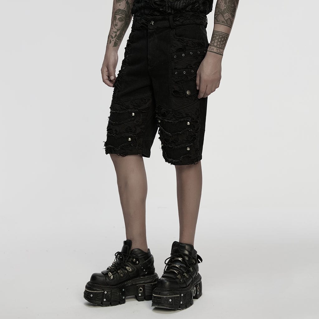 PUNK RAVE Men's Punk Eyelet Straps Ripped Shorts