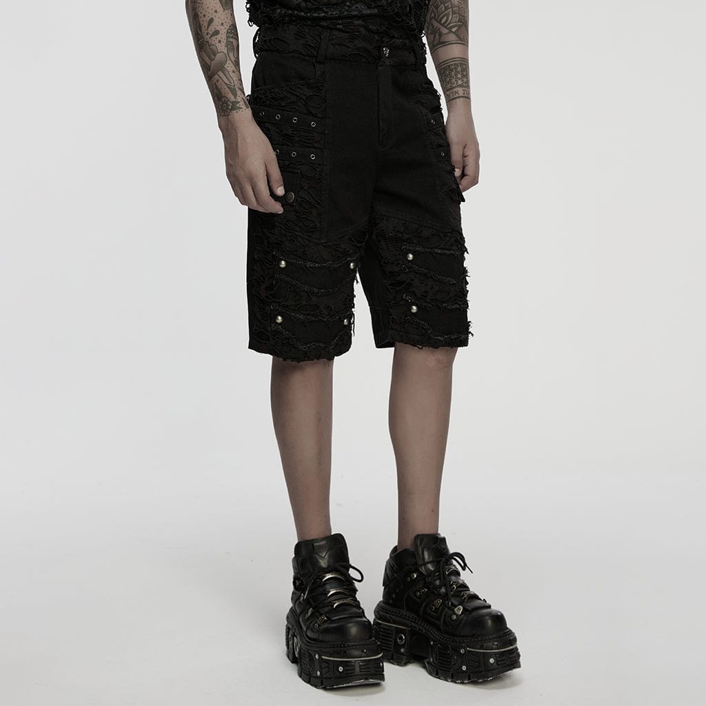 PUNK RAVE Men's Punk Eyelet Straps Ripped Shorts