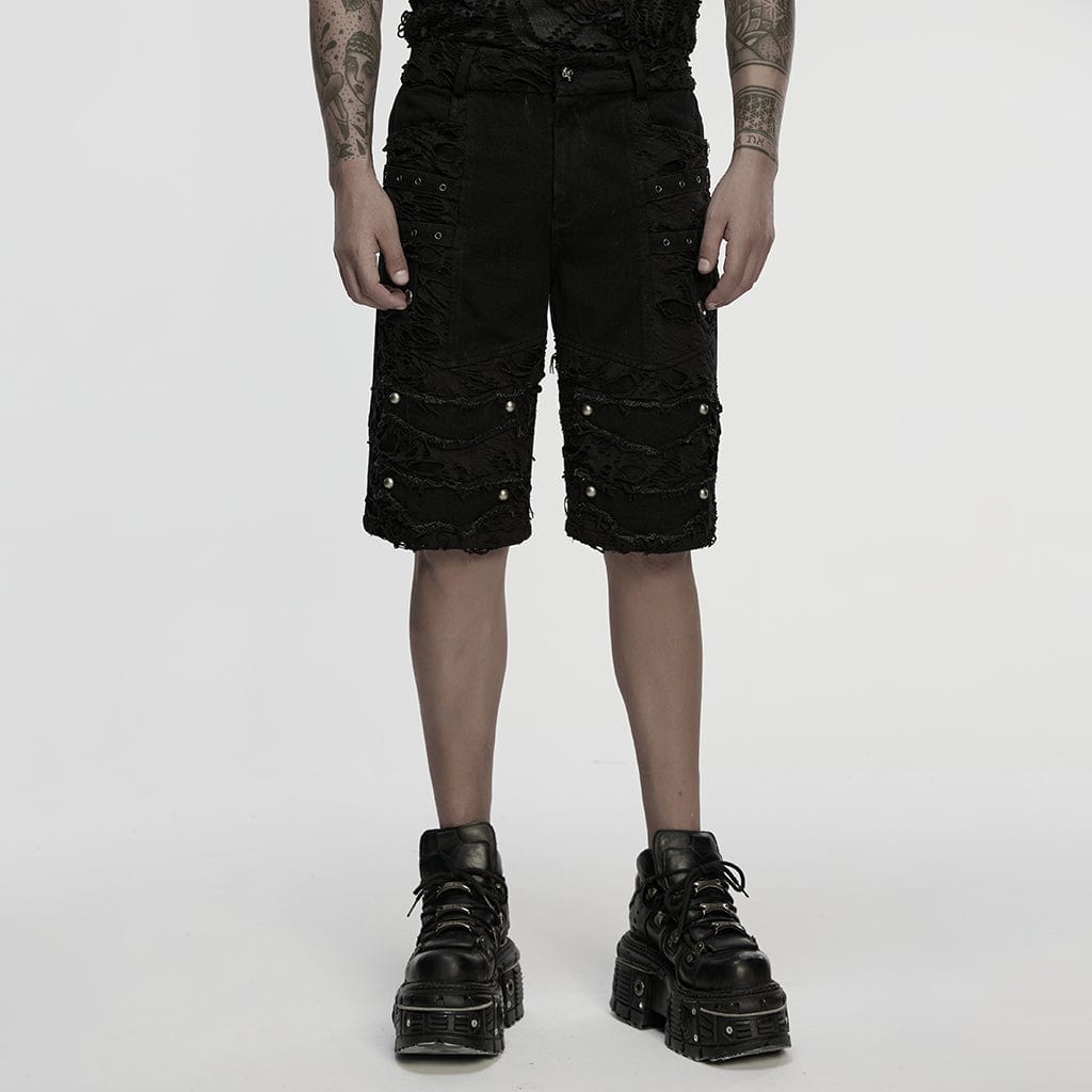 PUNK RAVE Men's Punk Eyelet Straps Ripped Shorts