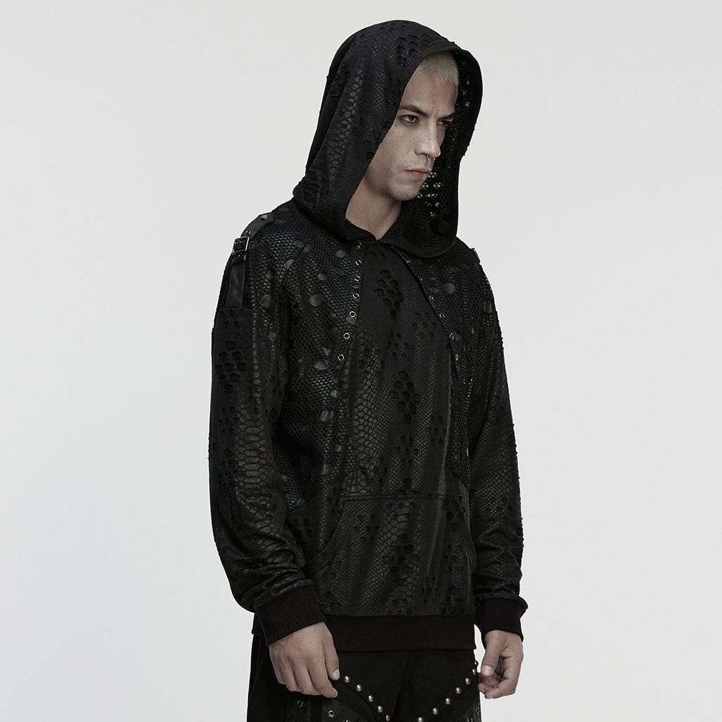 PUNK RAVE Men's Punk Eyelets Ripped Loose Hoodie