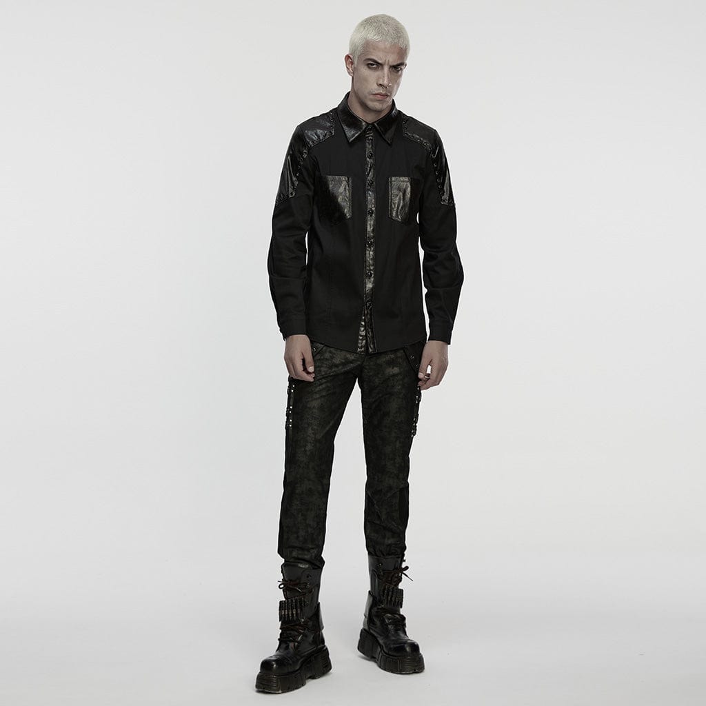 PUNK RAVE Men's Punk Eyelets Turn-down Collar Splice Shirt