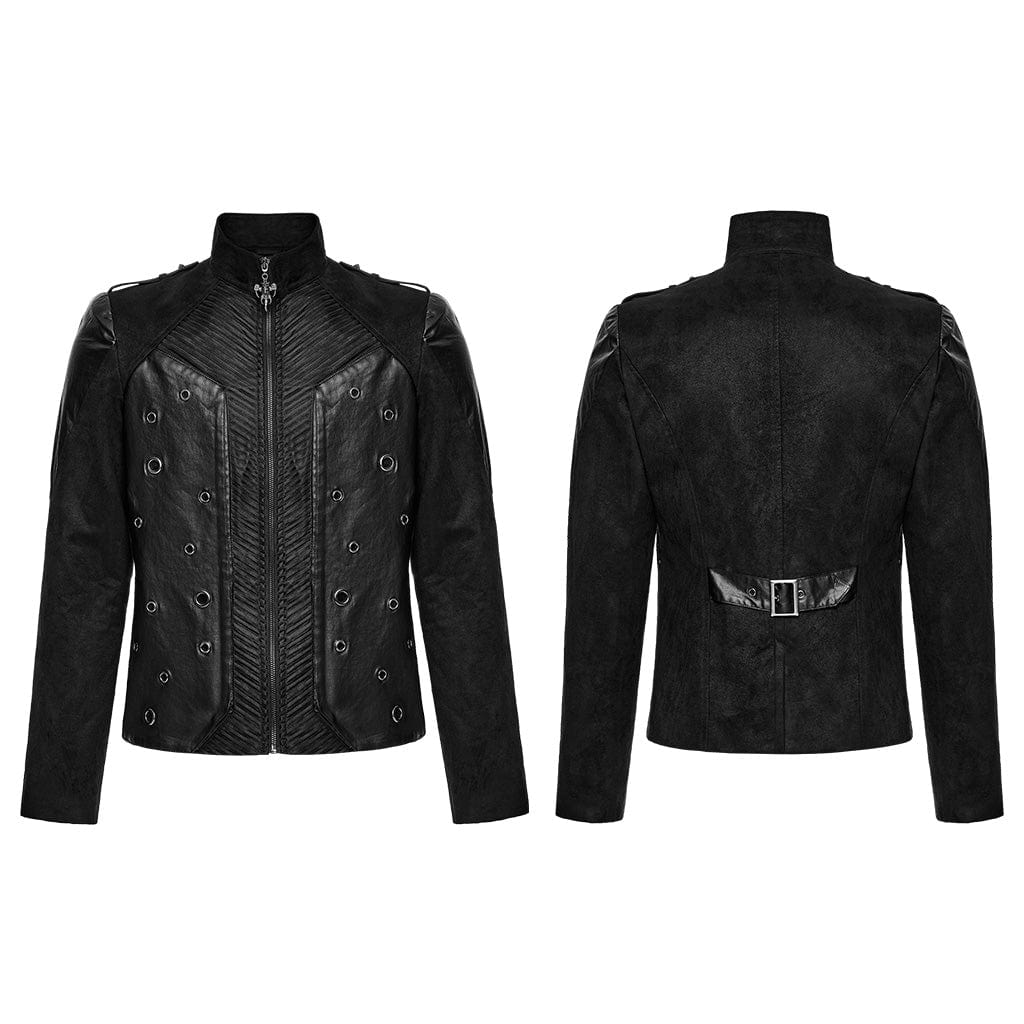 PUNK RAVE Men's Punk Eyelets Zip Stand Collar Jacket