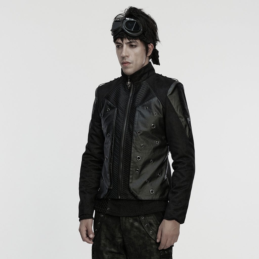 PUNK RAVE Men's Punk Eyelets Zip Stand Collar Jacket