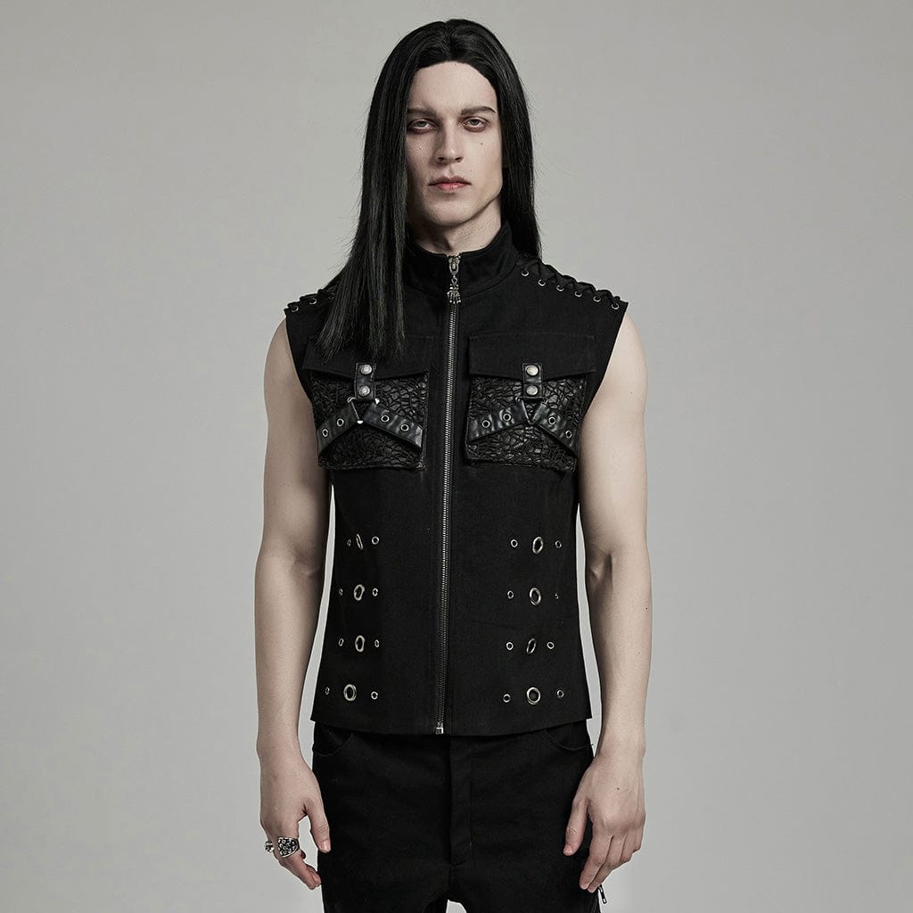 PUNK RAVE Men's Punk Faux Leather Big-pocket Eyelets Vest