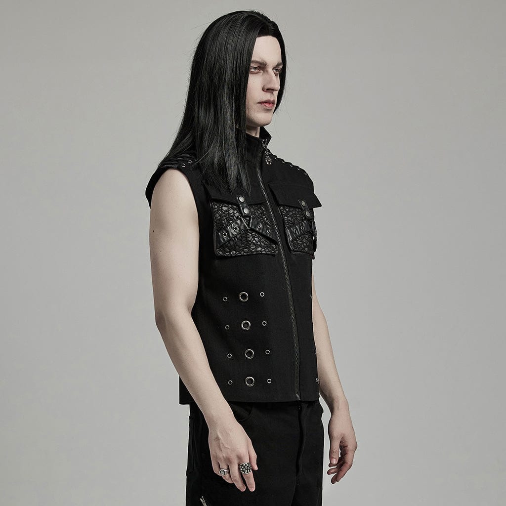 PUNK RAVE Men's Punk Faux Leather Big-pocket Eyelets Vest
