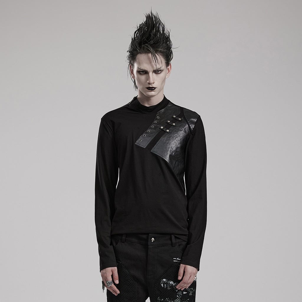PUNK RAVE Men's Punk Faux Leather Splice Shirt
