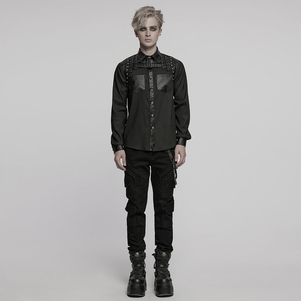 PUNK RAVE Men's Punk Faux Leather Splice Splice Buckle Strap Shirt