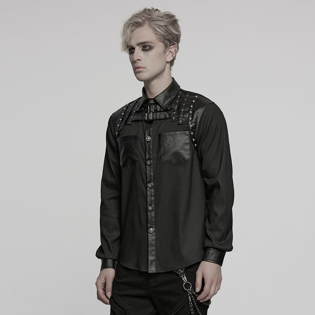 PUNK RAVE Men's Punk Faux Leather Splice Splice Buckle Strap Shirt