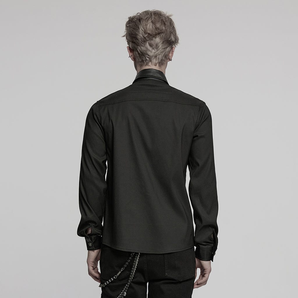 PUNK RAVE Men's Punk Faux Leather Splice Splice Buckle Strap Shirt