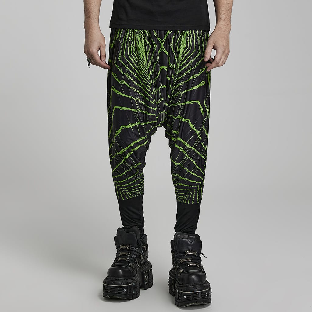 PUNK RAVE Men's Punk Halo Printed Sagging Pants Black-green