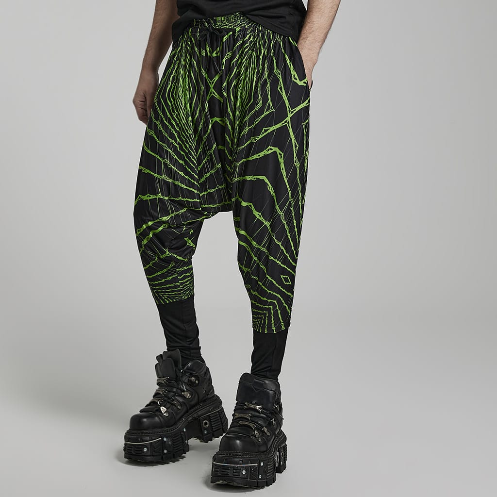 PUNK RAVE Men's Punk Halo Printed Sagging Pants Black-green