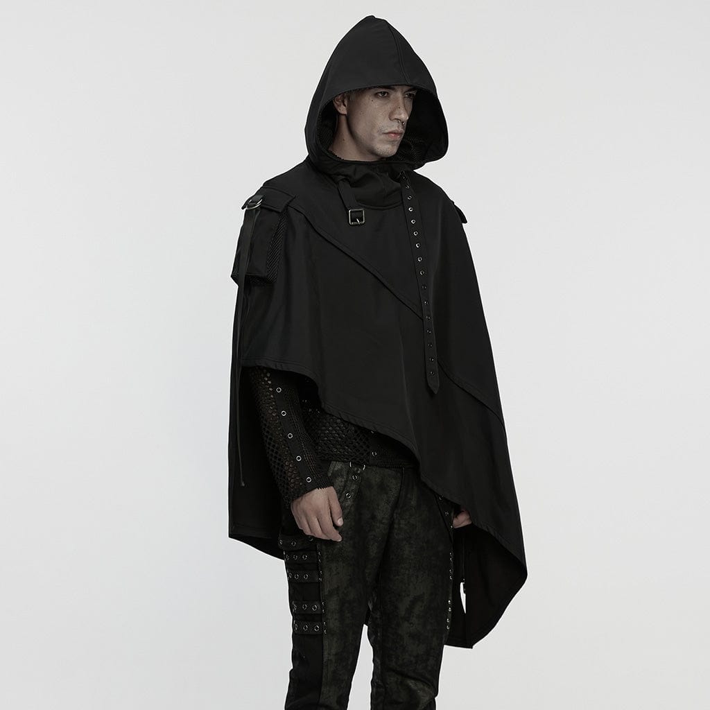 PUNK RAVE Men's Punk Irregular Buckle Strap Hooded Cloak
