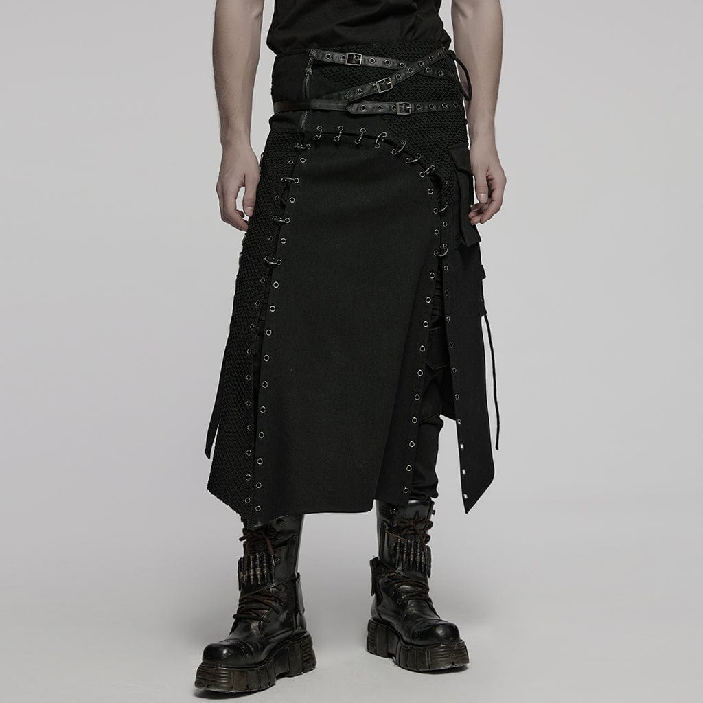PUNK RAVE Men's Punk Irregular Lace-up Mesh Splice Kilt