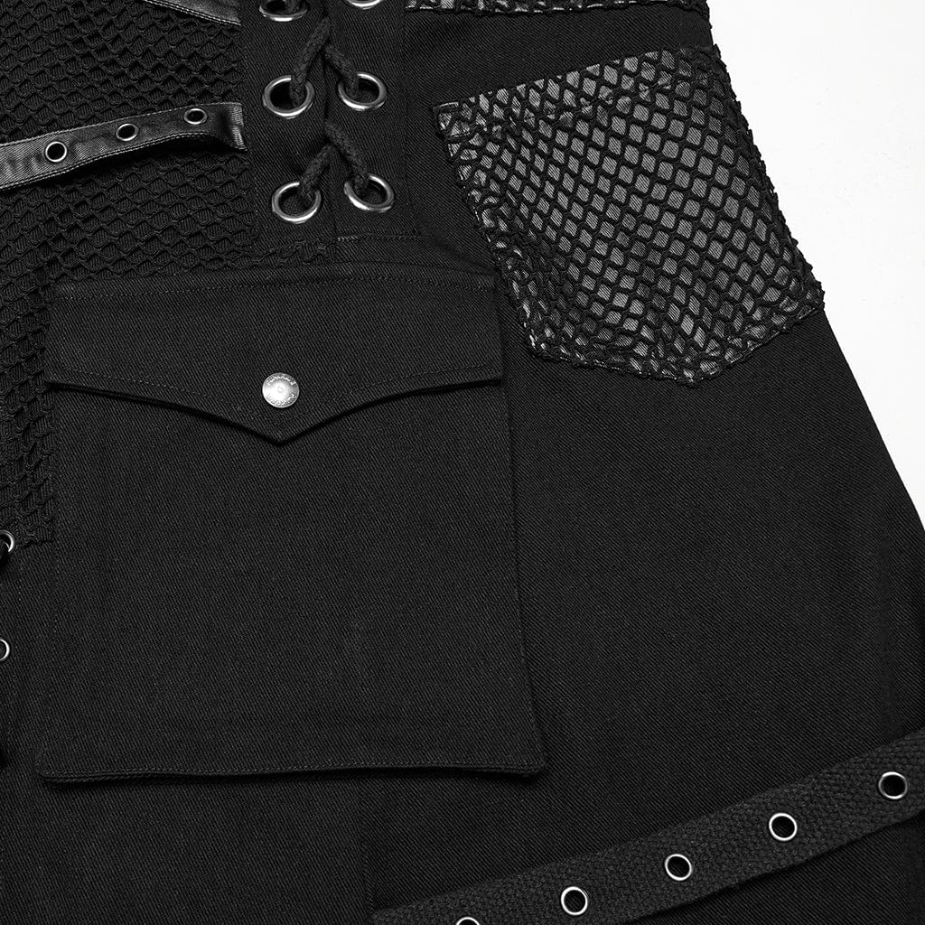 PUNK RAVE Men's Punk Irregular Lace-up Mesh Splice Kilt