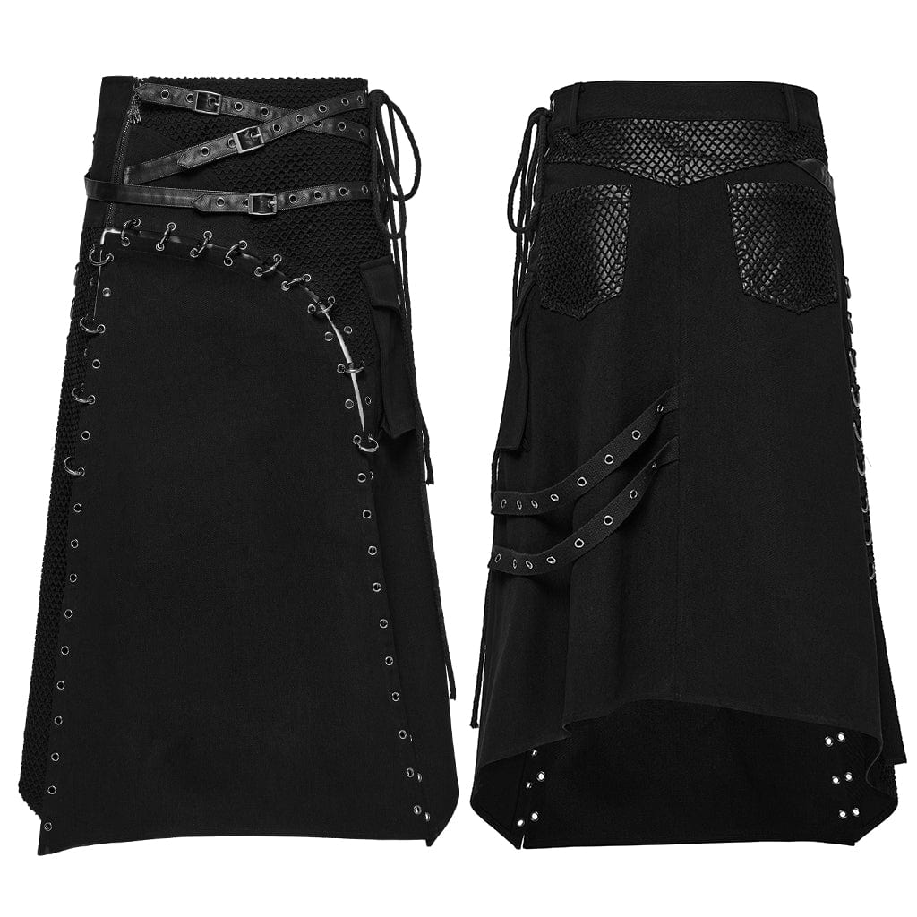PUNK RAVE Men's Punk Irregular Lace-up Mesh Splice Kilt