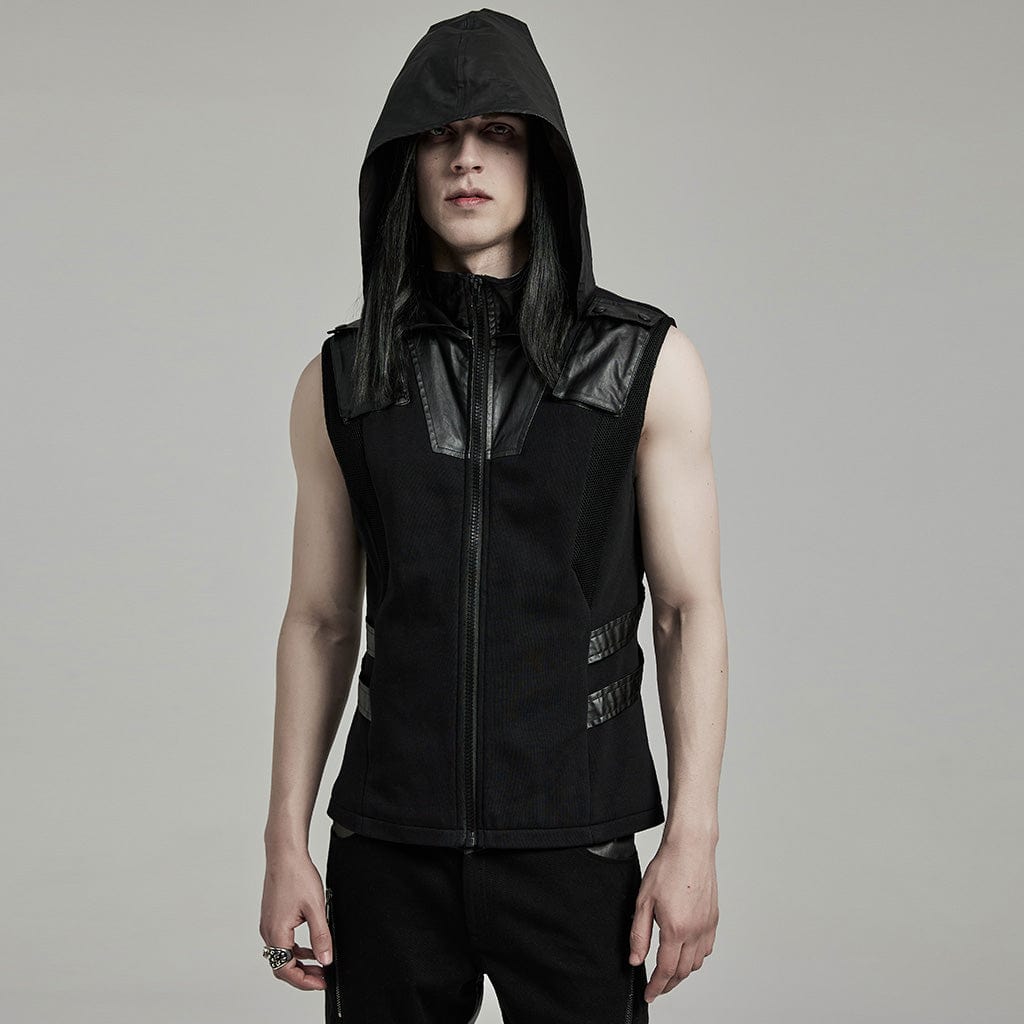 PUNK RAVE Men's Punk Mesh Splice Faux Leather Vest with Hood
