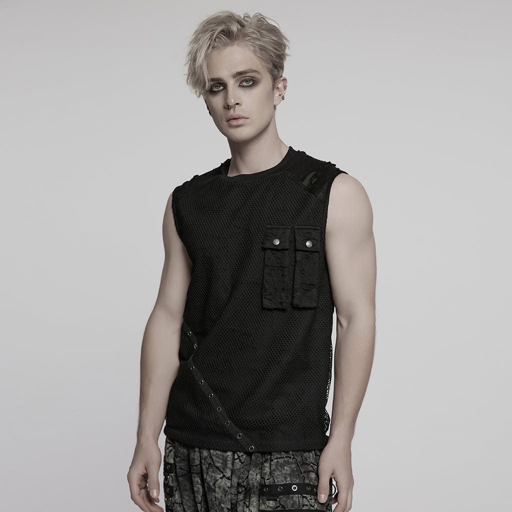 PUNK RAVE Men's Punk Mesh Splice Ripped Vest