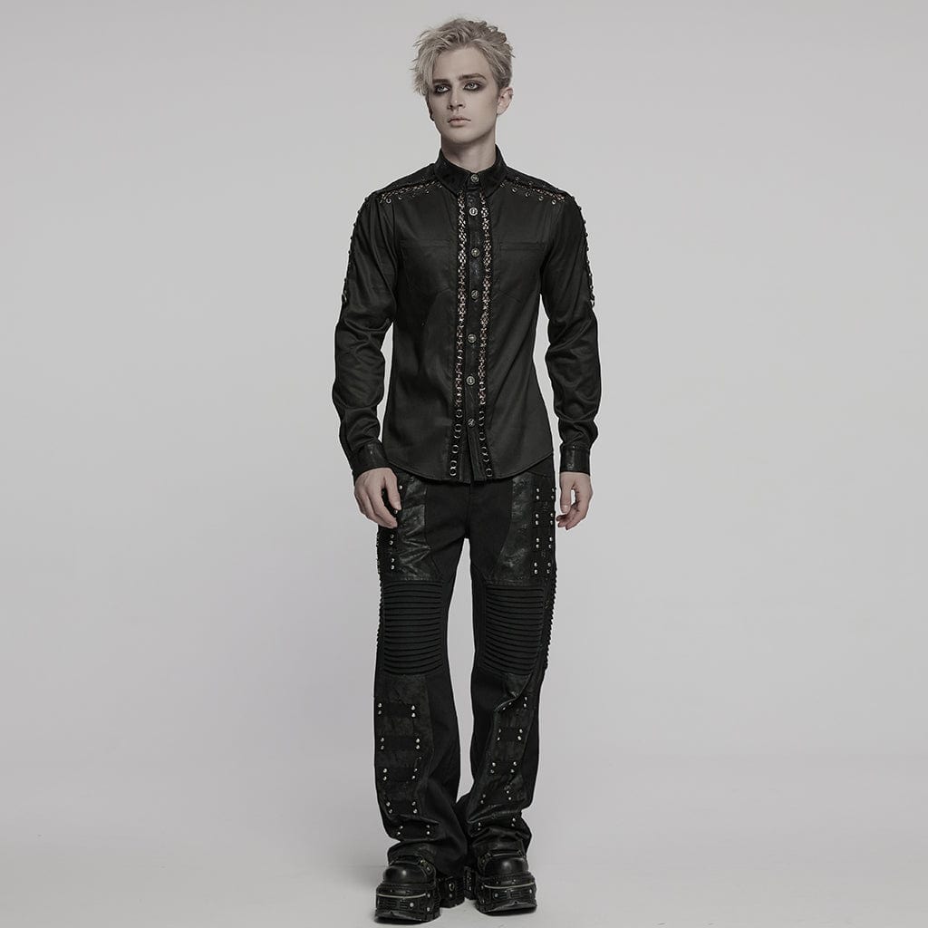 PUNK RAVE Men's Punk Pin Mesh Splice Shirt