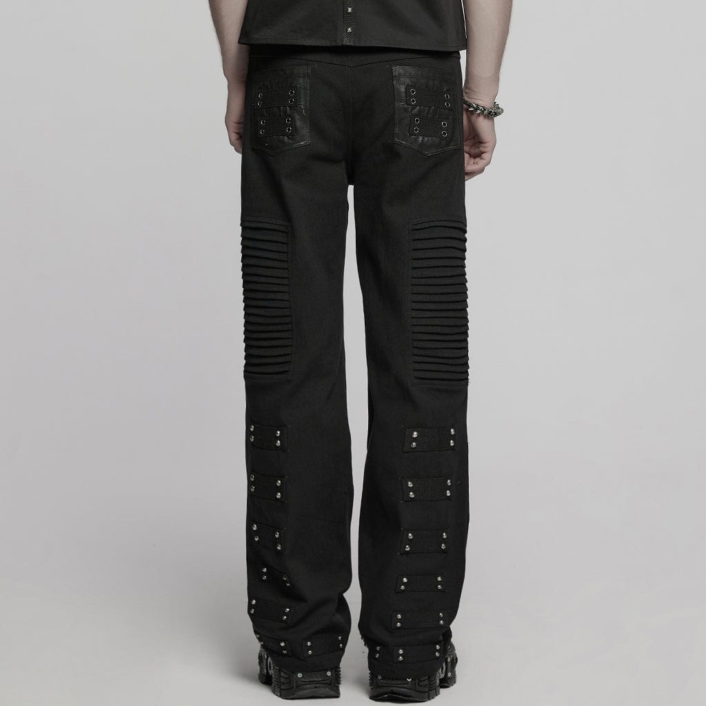 PUNK RAVE Men's Punk Pleated Faux Leather Straight Pants