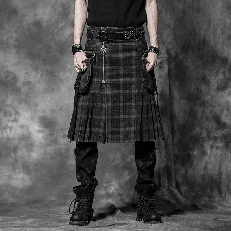 PUNK RAVE Men's Punk Pleated Kilt with Skull Pocket